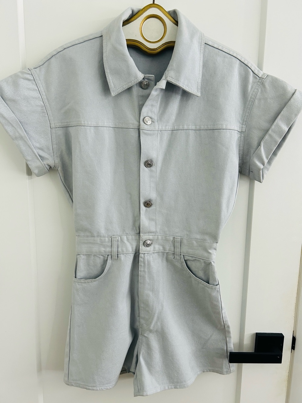 NWOT ZARA Metallic Denim Dusty Blue / Gray Shimmer Romper |Size XS - Picture 3 of 11